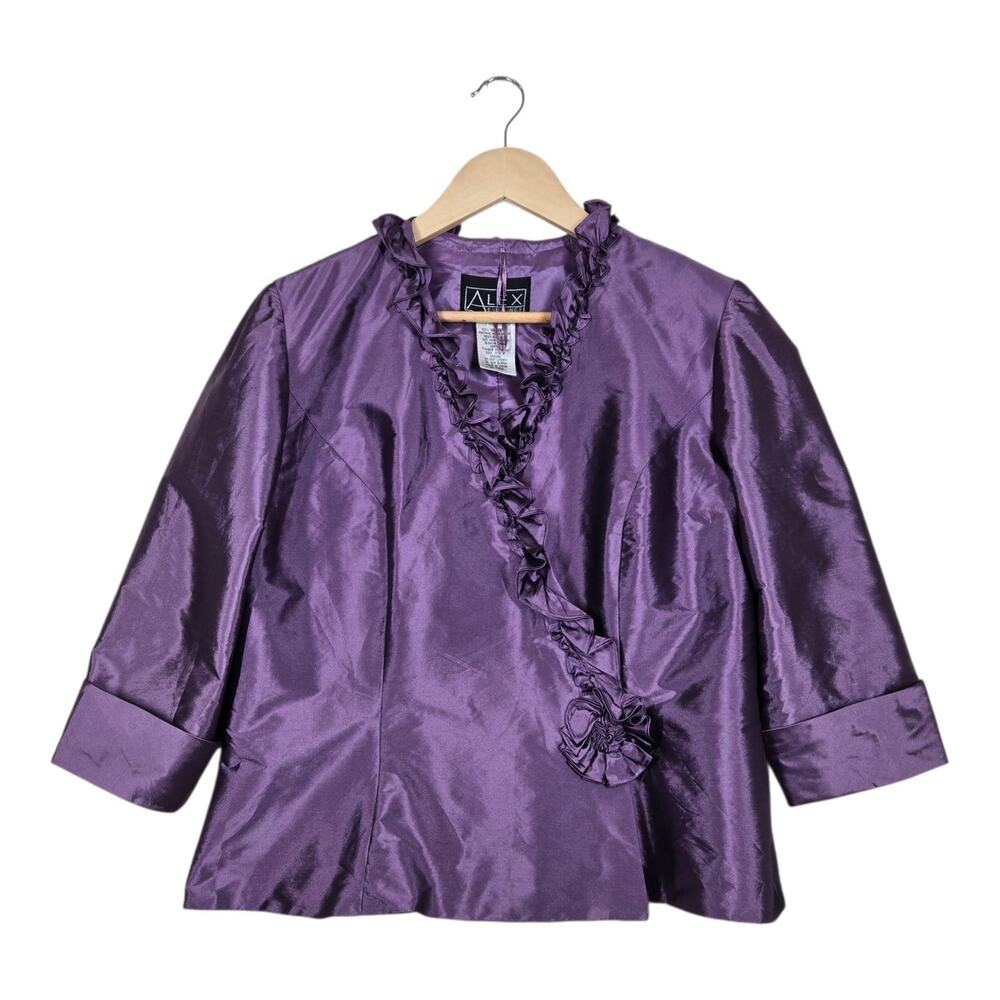 Alex Evenings Jacket L Plum Purple Shimmer Taffeta Ruffle Trim Formal Occasion